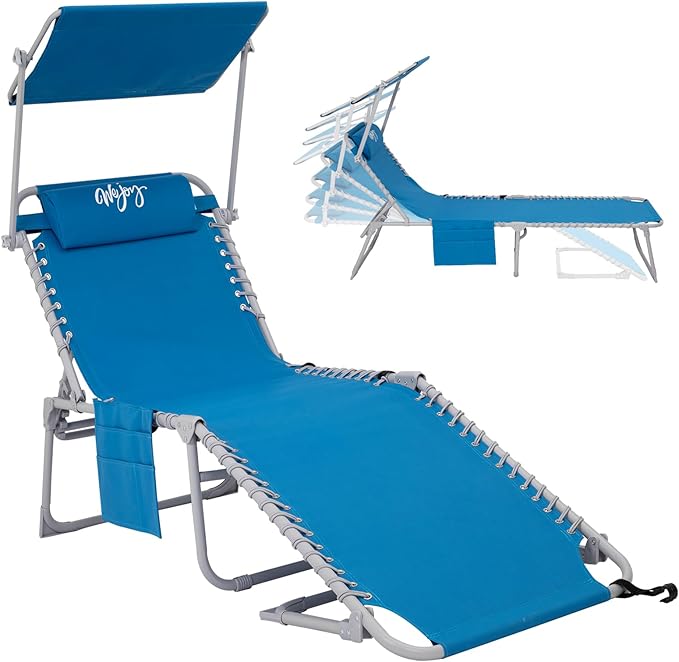 #WEJOY Folding Lounge Chair with Canopy Shade, Portable Adjustable 5-Position Patio Chaise Lounger with Pillow & Storage Pocket for Lay Flat Outdoor Lawn Backyard Beach Camping Pool Tanning (Blue)