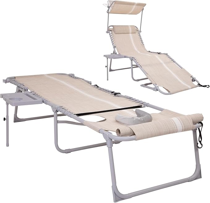 #WEJOY 4 in 1 Tanning Chair with Face Hole & Canopy & Side Table, 5 Positions Adjustable Folding Waterproof Facedown Chaise Lounge with Pillow Quick Dry for Beach Pool Outdoor Camping Patio (Khaki)