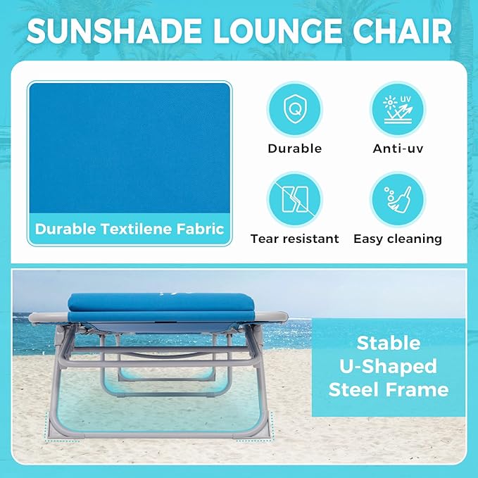 #WEJOY Folding Lounge Chair with Canopy Shade, Portable Adjustable 5-Position Patio Chaise Lounger with Pillow & Storage Pocket for Lay Flat Outdoor Lawn Backyard Beach Camping Pool Tanning (Blue)