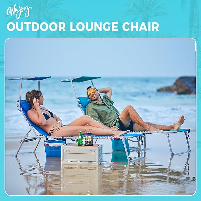 #WEJOY Folding Lounge Chair with Canopy Shade, Portable Adjustable 5-Position Patio Chaise Lounger with Pillow & Storage Pocket for Lay Flat Outdoor Lawn Backyard Beach Camping Pool Tanning (Blue)
