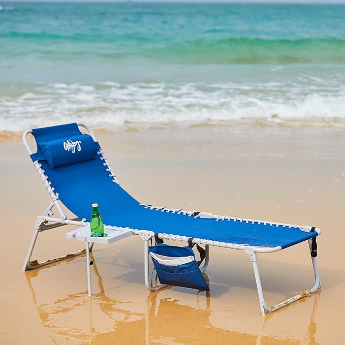 #WEJOY 2 PCS Lounge with Side Table for Outdoor 5-Position Adjustable Recliner Chair for Beach Sunbathing Patio Pool Lawn Lay Flat Portable Camp Reclining Chair with Shoulder Strap Side Pocket
