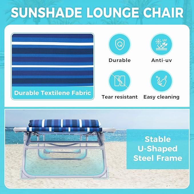 #WEJOY Folding Lounge Chair with Canopy Shade, Portable Adjustable 5-Position Patio Chaise Lounger with Pillow & Pouch for Lay Flat Outdoor Lawn Backyard Beach Camping Pool Tanning (Blue White)