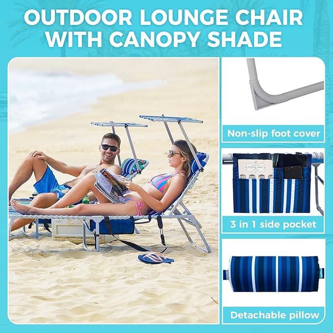 #WEJOY Folding Lounge Chair with Canopy Shade, Portable Adjustable 5-Position Patio Chaise Lounger with Pillow & Pouch for Lay Flat Outdoor Lawn Backyard Beach Camping Pool Tanning (Blue White)